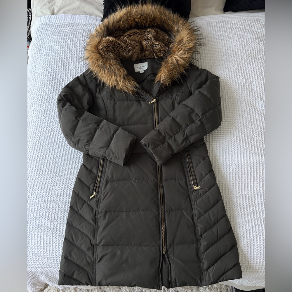 Cole Haan Women's Olive Puffer Coat with Faux Fur Trim